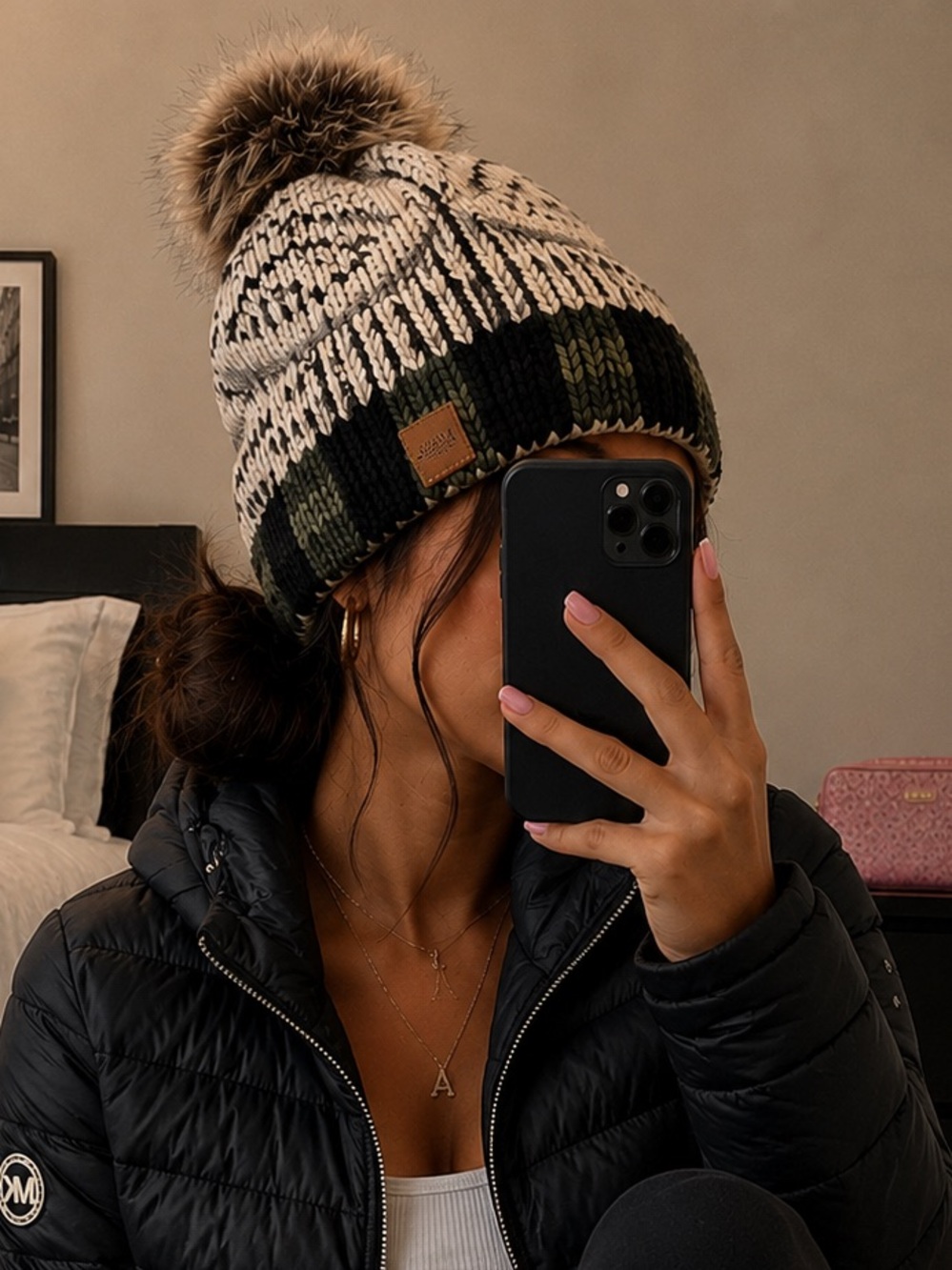 NWOT Timberland Knit Pom Pom Beanie Hat in Cream, Black, Green